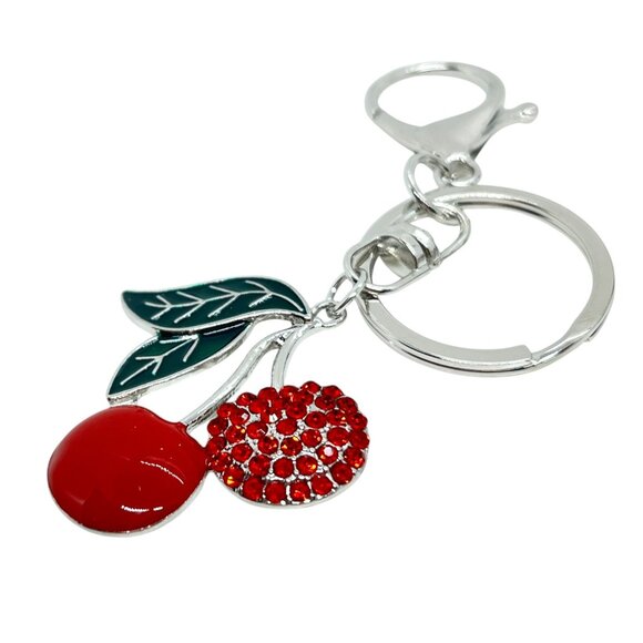 3/$30 CHERRY KEYCHAIN SILVER TONE ENAMEL LEAF RED RHINESTONE BAG CHARM FRUIT NWT - Picture 4 of 7